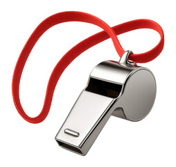 Silver metal whistle with a red lanyard looped through its attachment ring on transparent background.