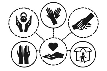 Set of icons representing care, support, and community help