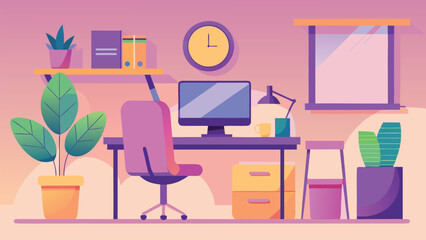 Flat illustration of a home office desk with computer and plants chair lamp