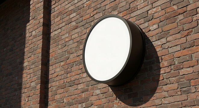 Signboard on the wall, backlit round  white blank circular signage board, led advertising board, vinyl company sign on brick wall. outdoor. daymode
