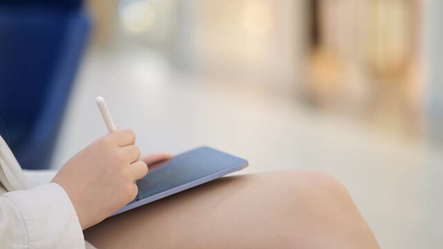 Woman is sitting on a couch with a cell phone in her hand. She is also holding a pen
