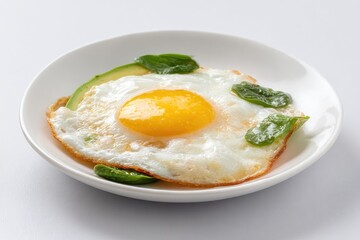 Fried egg with avocado and spinach on a white plate