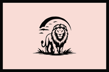 wild animal silhouette of a lion against sunset sky over grass vector artwork