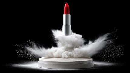 Red lipstick soaring through a cloud of powder in a dramatic display