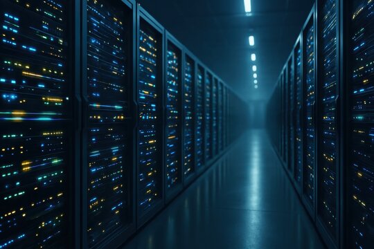 Dimly lit server room symbolizing technological dependency amidst economic crisis.