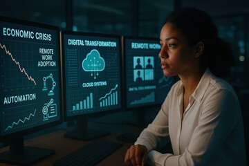 Woman analyzing economic crisis data on screens, reflecting societal and economic challenges.