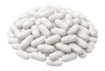 A large pile of white tablet pills arranged in a haphazard pile on transparent background.
