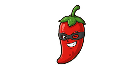 A cartoon red chili pepper character wearing a black mask and winking with a playful expression look