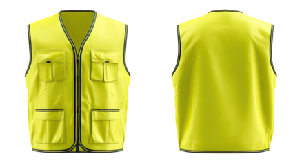 Front and back view of a bright yellow safety vest with multiple pockets.  The vest features a zipper closure and dark trim
