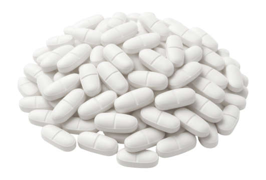 A large pile of white tablet pills arranged in a haphazard pile on transparent background.