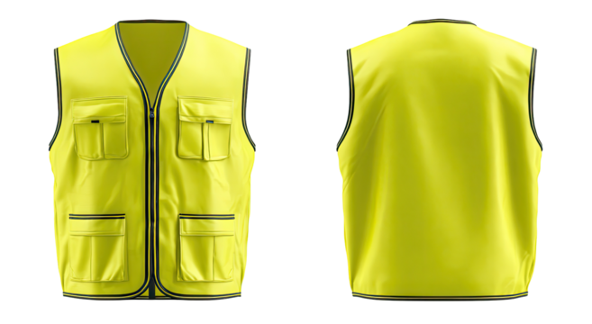 Front and back view of a bright yellow safety vest with multiple pockets.  The vest features a zipper closure and dark trim