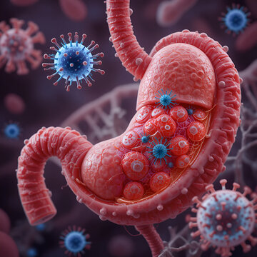 Fetus in stomach with dna and virus. 3d illustration..