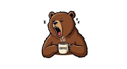 Cartoon brown bear yawning while holding a coffee mug with the word coffee written on it and sleep zzz symbols