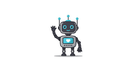 Illustration of a friendly robot waving with a heart on its screen and antennas on its head in a clean style