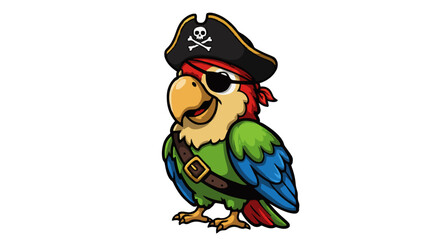 A cartoon pirate parrot with a black hat and eye patch standing on a white background isolated image