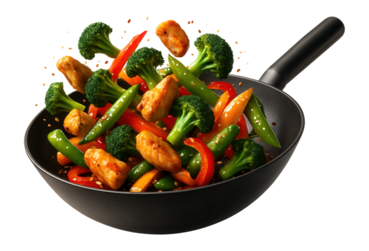 Stir-fried vegetables and chicken chunks with vibrant broccoli, red bell peppers, and snap peas in a black frying pan on transparent background.