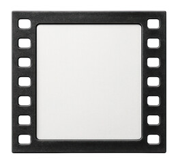 Square black metallic film frame with perforated edges and blank center on transparent background.