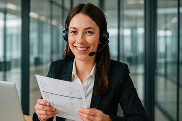 Smiling Support: A confident and friendly support representative wearing a headset engages in a customer interaction, the setting conveying professionalism and trustworthiness.