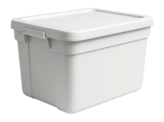 White rectangular plastic storage container with a secure lid on transparent background.