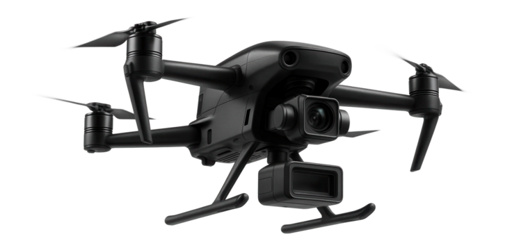 A sleek and modern quadcopter drone equipped with a high-resolution camera, designed for aerial photography and videography, on transparent background.