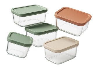 A set of five glass storage containers with colorful lids in shades of green, beige, and brown, on transparent background.
