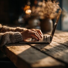 Hands Typing on Laptop in Cozy Wooden Setting