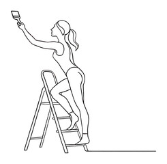 Line drawing of a woman on a ladder painting with a brush on transparent background.