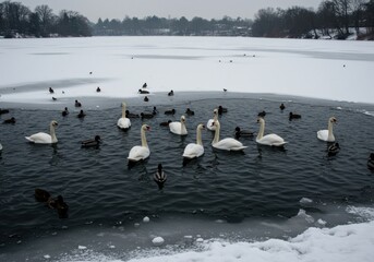 Winter ducks and swans on frozen lake