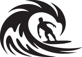 minimalist black silhouette surfer on a dramatic wave vector illustration for ocean adventure themes