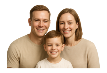Smiling family portrait featuring a father, mother, and young son wearing neutral-colored clothing on transparent background.