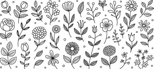 Whimsical floral garden doodle, cartoon flower line art, coloring page for kids, black and white fantasy nature illustration with insects