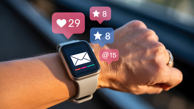 Stay connected and informed with instant notifications and social media engagement alerts displayed on a modern smartwatch - Powered by Adobe