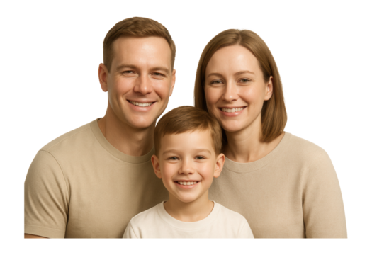 Smiling family portrait featuring a father, mother, and young son wearing neutral-colored clothing on transparent background.