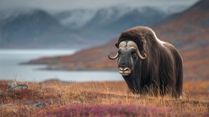 A musk ox standing in a field with mountains and water in the background on a cloudy day outdoors