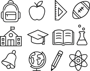 Black and White Icon Set Representing Twelve Core Elements of School Life &mdash; Backpack, Apple, Triangular Ruler, Football, School Building with Flag, Graduation Cap, Open Book, Chemistry Flask, Bell,