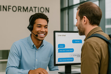 Friendly Customer Service Interaction: An agent with a headset greets a customer, highlighting the helpfulness and ease of modern communication.  The display shows a live chat conversation. 