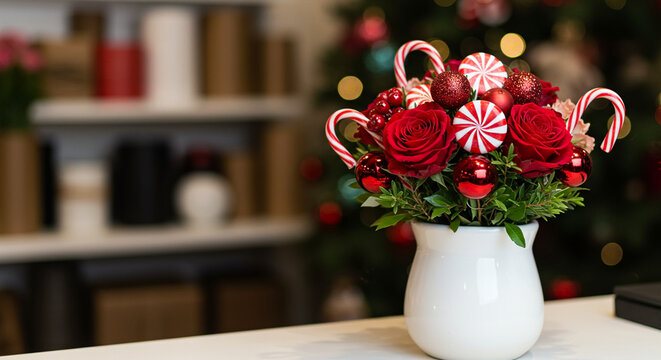 Christmas bouquet with candy canes in vase – Holiday decoration in flower shop, copyspace - Powered by Adobe