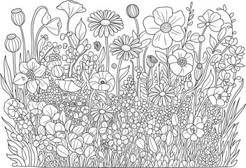 Fototapeta premium Wildflower coloring page, hand drawn meadow flowers illustration, detailed botanical line art, floral sketch design, nature scene for coloring book