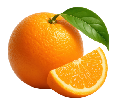 Whole ripe orange with a green leaf attached and a juicy orange slice beside it on transparent background.