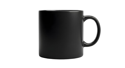 A plain matte black ceramic mug with handle, minimalist design, side angle view on a white background PNG.
