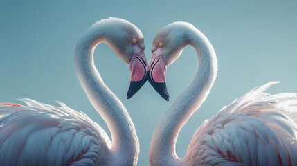 Two flamingos forming heart shape against blue sky
