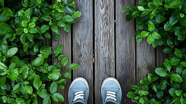 Overhead view of light gray wooden decking with vibrant green foliage and light-blue sneakers
