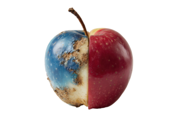 A halved apple, one side depicting a world map in shades of blue and white, the other side a vibrant red, highlighting a duality