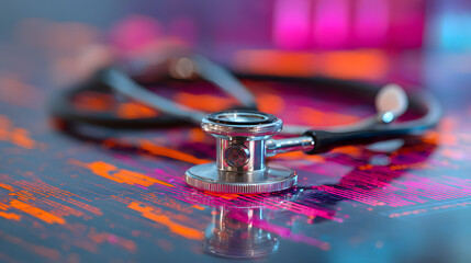 A stethoscope rests elegantly on a vibrant digital health data background, symbolizing the fusion of medicine and technology for patient care