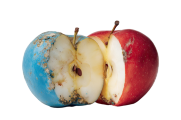 Two halved apples, one blue, one red, showing decay
