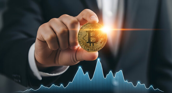 Businessman holding a physical Bitcoin coin over a rising stock market graph, symbolizing cryptocurrency investment and growth.