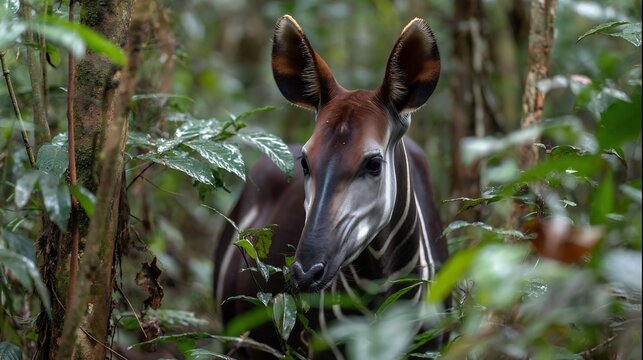 A close up of an okapi standing in a forest surrounded by green leaves and tree trunks view - Powered by Adobe