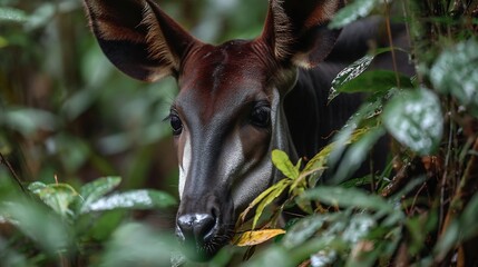 Close up of an okapi peering through lush green foliage in its natural habitat in the forest