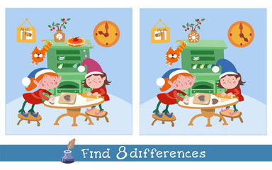 Fototapeta premium Find 8 differences. Game for kids. Elves making cookies for Christmas. Hand drawn vector illustration.