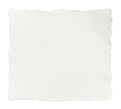 Square piece of torn white paper with rough edges on transparent background.